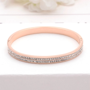 Minimalist rose gold titanium bracelet with double-row crystals on white display stand