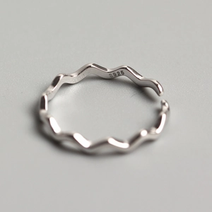 Minimalist S925 sterling silver wave ring with adjustable open band for women