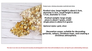 Macro shot of gold and silver Christmas bells showing specific size and weight parameters