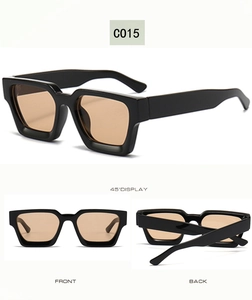 Detailed multi-angle views of chunky rectangular sunglasses with black frame and brown lenses