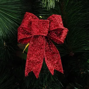 Sparkling red 10cm Christmas bow with gold glitter for festive tree decoration
