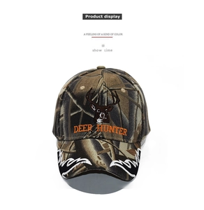 Detailed front view of camouflage baseball cap with orange deer hunter embroidery