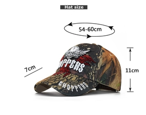 Detail of camouflage baseball cap with white Choppers embroidery and 3D skull wings