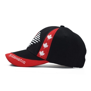 Detail of Canada baseball cap with Edmonton embroidery and white maple leaf side accents