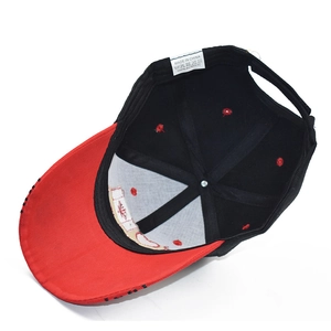 Interior view of acrylic baseball cap showing red vents and quality care label details
