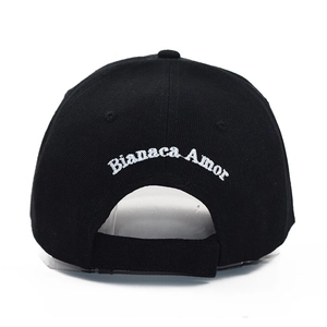 Rear view of black cotton baseball cap showing white Bianaca Amor embroidery and strap