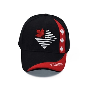 Detailed view of the Edmonton embroidery on a black and red Canada baseball cap