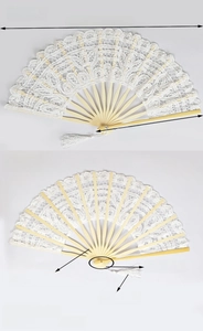 Detailed views of white lace folding fan with bamboo ribs and tassel ornament