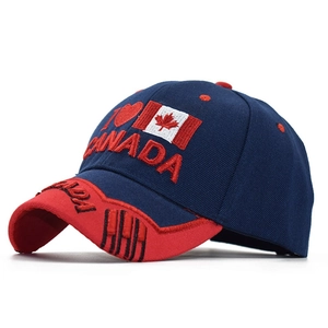 Close-up of I Love Canada embroidery on navy and red camouflage baseball cap