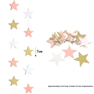 Detail of 2.5m pink white and gold star garland showing 7cm wide glitter cardstock stars