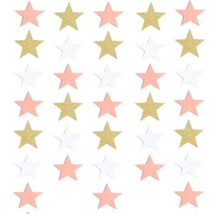 Close-up of hanging paper star garland in pink, glitter gold and white for party decor