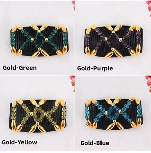 Four-color collage of beaded magic hair combs in gold, green, purple, yellow, and blue