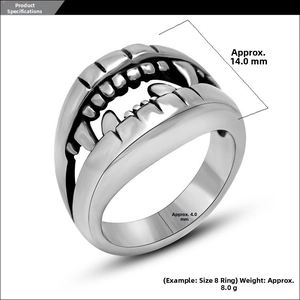 Macro shot showing crocodile teeth ring dimensions of 14mm width and gothic punk style