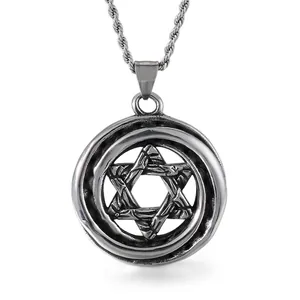 Retro Hexagram Pendant Necklace Vintage Star Of David 316L Stainless Steel Punk Jewelry For Men Gothic Circular Charm