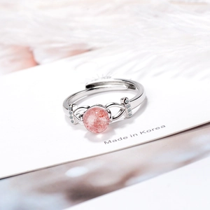 Adjustable silver strawberry quartz ring with pink crystal and side accent stones