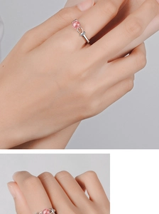 Detail of adjustable silver ring with round pink strawberry quartz on a model hand