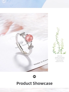 Detailed close-up of adjustable silver ring with pink strawberry quartz and zircons