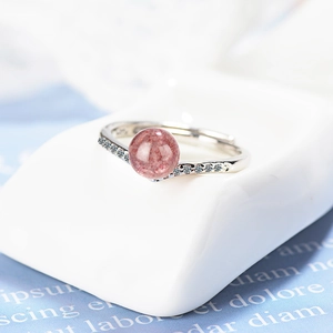 S925 silver open ring featuring a round strawberry crystal and small side diamonds
