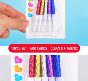 Detail of 10-pack colorful spiral birthday candles in vibrant metallic finish