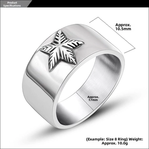 Dimensions détaillées de la bague en acier à étoile gravée montrant la largeur 10,5mm