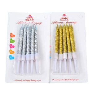 Spiral birthday candles in gold and silver metallic finish with holders for cake decor