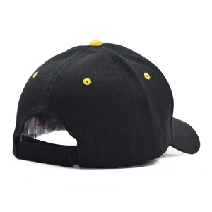 Classic black baseball cap with yellow embroidered eyelets and adjustable strap back