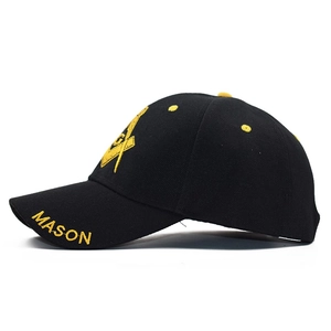 Black cotton baseball cap with yellow Masonic embroidery and MASON lettering on the brim