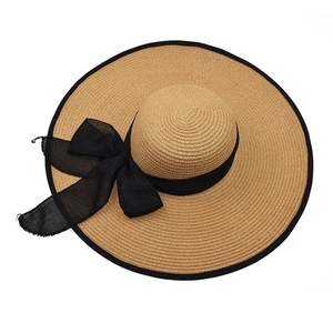 Close-up of wide-brimmed straw hat with black mesh bow and detailed woven texture