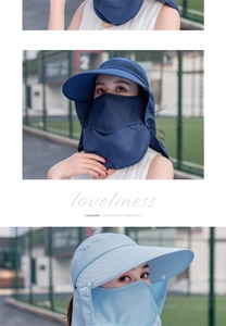 Dettaglio cappello parasole staccabile con protezione collo e maschera in vari blu