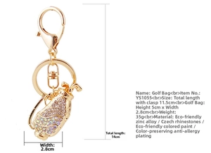 Detailed view of gold golf bag keychain with dimensions 5x2.8cm and sparkling rhinestones