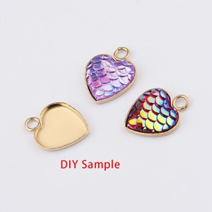 Golden heart pendant base with mermaid scale inlay for DIY jewelry accessories