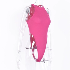 Detail view of the ribbed knit fabric and high-cut leg of this rose red bodysuit