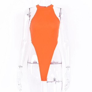 Detail of orange ribbed sleeveless bodysuit showing high-cut leg and crew neck texture