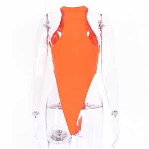 Detail view of orange ribbed sleeveless bodysuit with high-cut back on mannequin