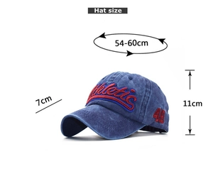 Detailed view of blue washed cotton baseball cap with Athletic embroidery and size specs