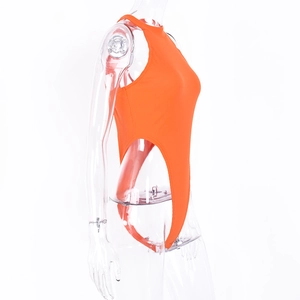 Detail view of bright orange ribbed sleeveless bodysuit with high cut leg on a mannequin