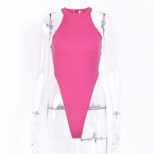 Close-up of rose pink ribbed knit fabric texture on a sleeveless high-cut bodysuit
