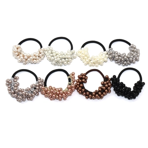Set of 8 handmade pearl hair scrunchies with crystal beads in assorted neutral colors