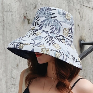Damen Sonnenhut mit breiter Krempe Baumwolle wendbar mit blauem Blumenmuster Sonnenschutz