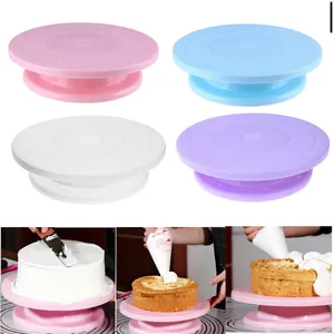 Rotating cake turntable stand for baking decoration in pink, blue, white, and purple