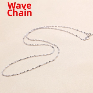 Macro detail of a 45cm 925 sterling silver water wave chain with spring ring clasp