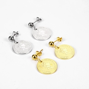 18K gold and silver plated Elizabeth coin drop earrings with polished vintage queen charms