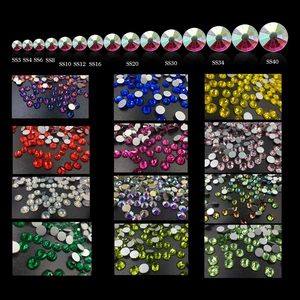 Flatback rhinestones in sizes SS3 to SS40 with assorted colors and AB crystal finishes