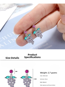 Close-up of purple grape stud earrings with sparkling zirconia stones and dimensions