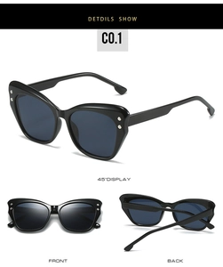 Detailed multi-angle views of vintage black cat-eye sunglasses with silver dot rivets