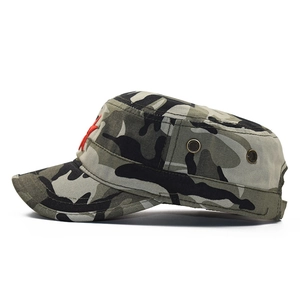 Side view of camouflage flat top military hat with red star embroidery and metal eyelets