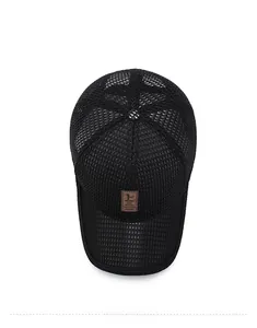 Top-down view of a breathable black mesh baseball cap with premium brown leather logo patch
