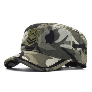 Detail of military camo cadet cap with U.S. embroidery and high-quality canvas texture