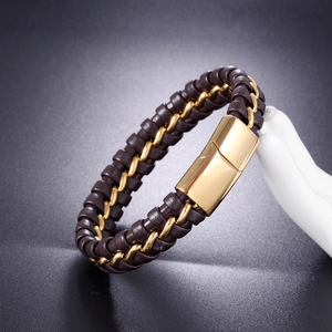 Men's braided leather bracelet with gold stainless steel chain and magnetic clasp