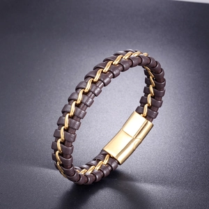 Men's fashion braided dark brown leather bracelet with golden stainless steel chain link